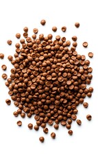 Heap of Crispy Round Chocolate Breakfast Cereal Pieces on White Background