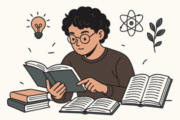 Curious Student Reading Books with Science and Nature Icons, Learning and Education Concept Illustration for Knowledge Growth