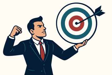 Businessman Holding Target with Arrow Hitting Bullseye Symbolizing Success, Goal Achievement, and Strategic Planning in Business