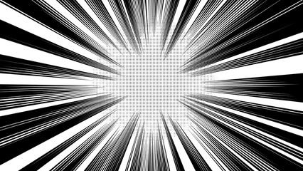 Black and White Comic Speed Lines Background with Halftone Center and Radial Burst Motion Effect for Manga and Pop Art Designs