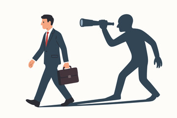 Businessman Walking with Briefcase and Shadow of Stalker Holding Telescope Symbolizing Surveillance, Privacy Concerns, and Workplace Intrusion