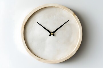 Minimalist round wall clock with a simple, white face and black hands against a light background