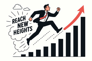 Dynamic Business Growth Concept with Motivational Message and Professional Man Jumping Over Rising Bar Graph Towards Success