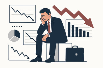 Businessman in Suit Analyzing Economic Downturn with Declining Graphs, Charts, and Red Arrow Representing Financial Losses and Market Challenges