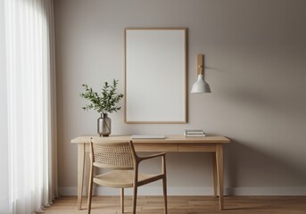 A bright room featuring a wooden desk with a blank frame and a chair near a window and a lamp