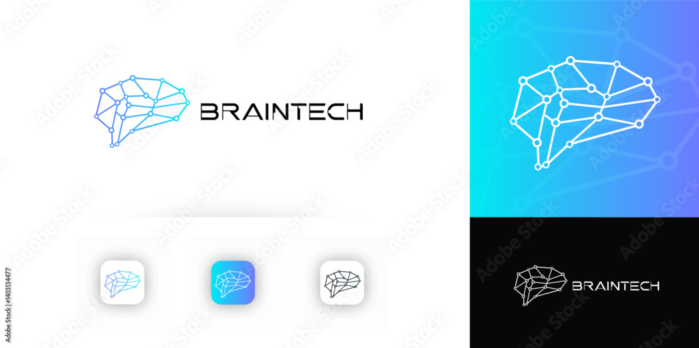 Poster line technology logo with abstract brain shape made of network connections for tech, ai, neural netw