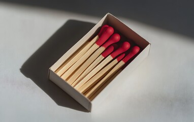 Matchbox with Red Head Matches, Box of Wooden Igniters on Striped Surface