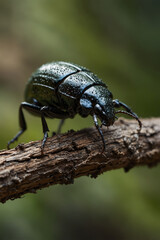 Naklejka premium A macro shot of a beetle crawling on a branch, showcasing the intricate details of its shell in a fascinating and close-up natural scene