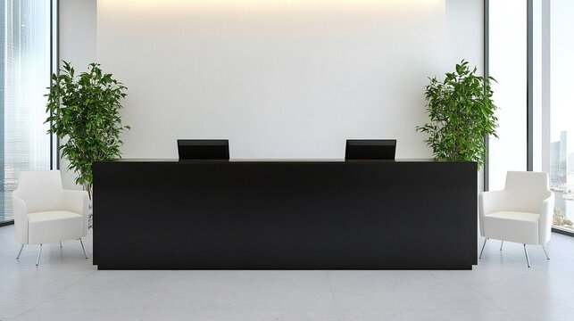 Sleek minimalist modern reception desk with large black counter and white chairs in bright office lobby, emphasizing simplicity, elegance, and modern aesthetics.