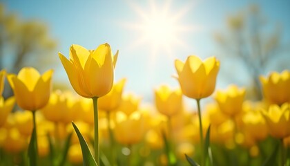 Fototapeta premium Vibrant yellow tulips bask in the warm sunlight, creating a cheerful and sunny spring scene.
