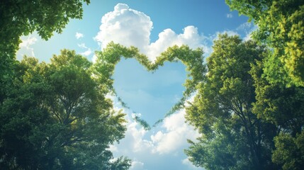 A heart-shaped frame of lush trees against a vibrant sky filled with clouds.