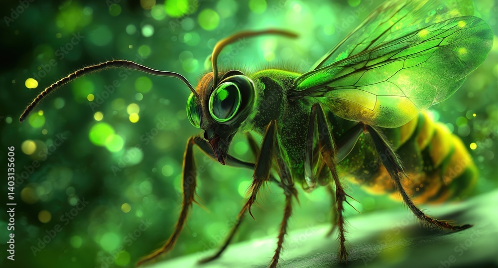 Poster bee-like vision microscopic analysis of bacterial structures with light green background, 3d high-re
