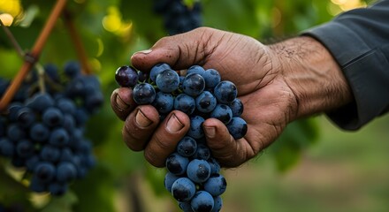 Obraz premium A farmer's weathered hand gently cradles a cluster of ripe, dark purple grapes, showcasing the beauty of nature's bounty.