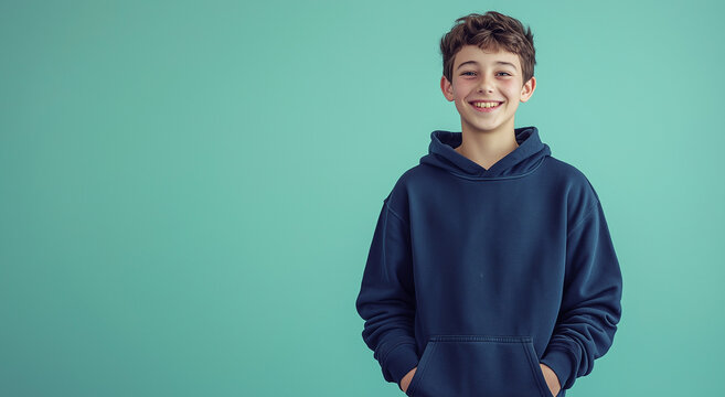 Um adolescente vestindo um moletom azul-marinho e jeans azul sorri suavemente com os olhos normalmente abertos em um est&uacute;dio com um fundo verde-menta pastel, exalando uma alegria relaxada.