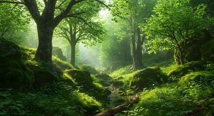 Naklejka premium Lush forest landscape with vibrant greenery and gentle sunlight filtering through trees in a tranquil natural setting at dawn Generative AI