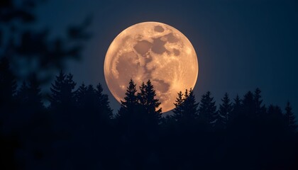 Naklejka premium A majestic full moon, glowing orange and warm, rises above a dark silhouette of a pine forest. A serene and mystical night scene.