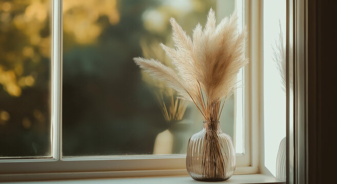 Um vaso com capim-dos-pampas seco colocado no parapeito de uma janela, com luz natural entrando pela janela
