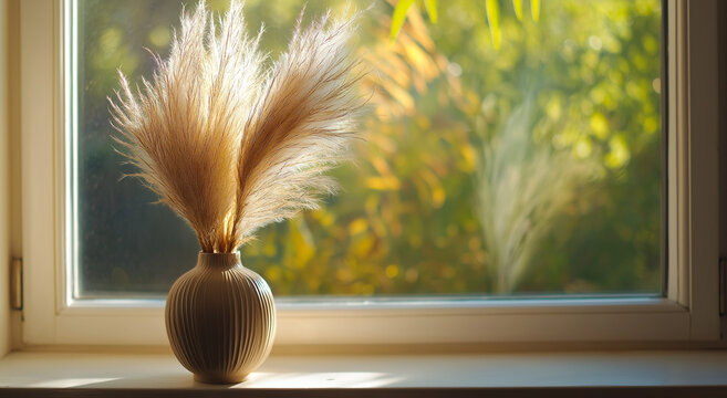 Um vaso com capim-dos-pampas seco colocado no parapeito de uma janela, com luz natural entrando pela janela