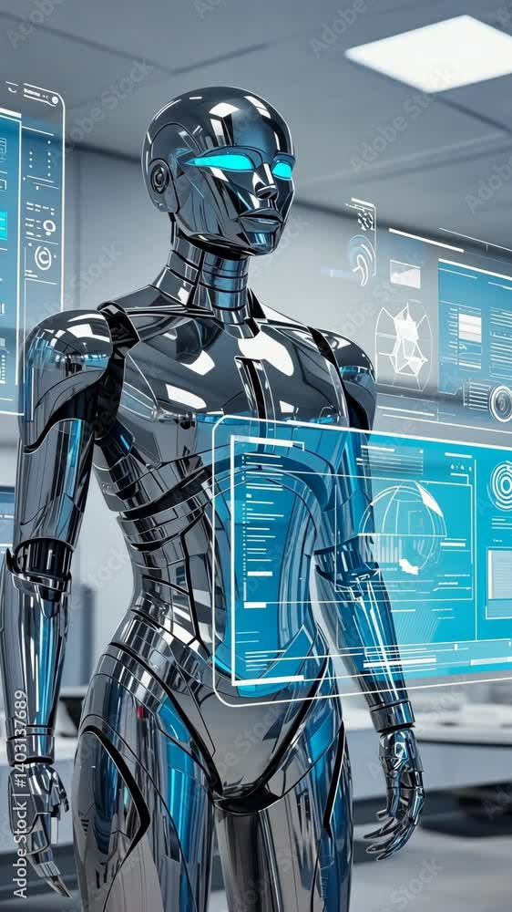 Poster advanced humanoid robot displaying complex digital data on floating futuristic screens in a sterile 