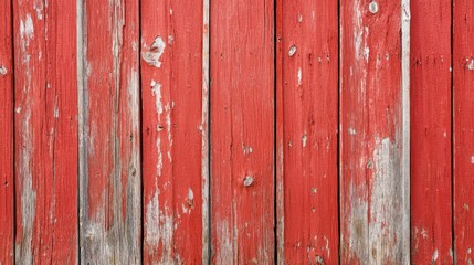 A close-up view of weathered red wooden planks, showcasing peeling paint and a rustic texture.