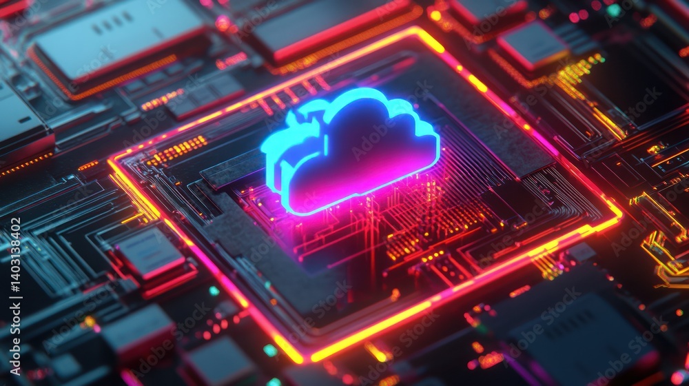 Aufkleber neon cloud computing chip server data center