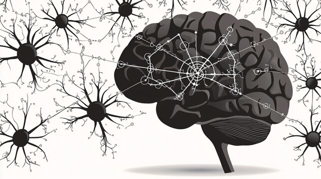 vector art of neuron web forming across hemispheres of a stylized brain showing interconnectivity and neuroplastic growth with copy space [Synapse]:[Neuroplasticity] vector brain hemisphere 