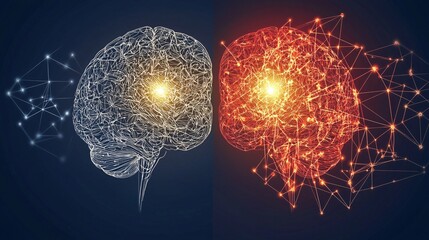 side-by-side comparison of a rigid brain and a flexible, glowing brain, illustrating the concept of neuroplasticity and adaptability. Minimalist design with copy space. [Synapse]:[Neuroplasticity] 