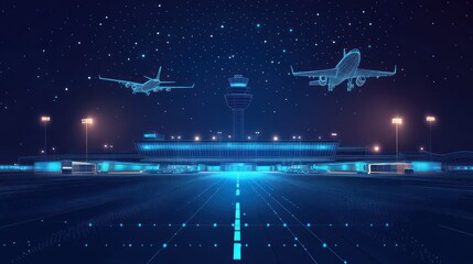Night airport, planes taking off, control tower, digital wireframe, travel