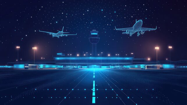 Night airport, planes taking off, control tower, digital wireframe, travel