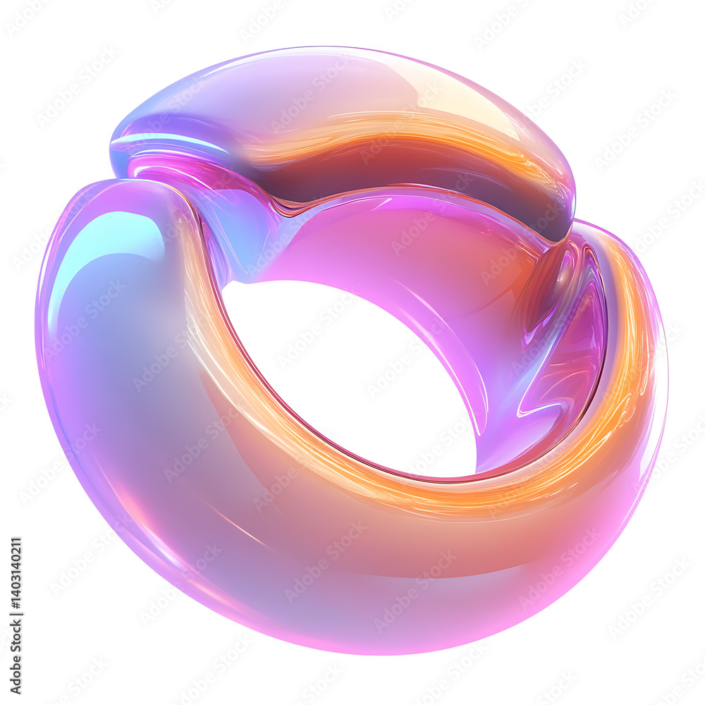 Poster abstract glossy ring sculpture with gradient color and dynamic lighting on white background for mode