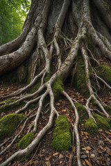 Obraz premium A close-up of tree roots wrapping around rocks, highlighting their rugged textures in a detailed and captivating natural composition