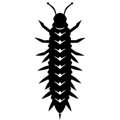 Close-up silhouette of a black beetle on a white background with fine details, showcasing its antennae and small insect features