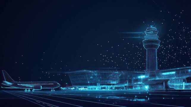Airplane, airport, tower, digital, night, network, data, travel, control, future