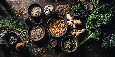 Overhead shot of various grains, legumes, and greens arranged on dark wood, showcasing healthy eating and natural ingredients, ideal for cooking or food blog imagery