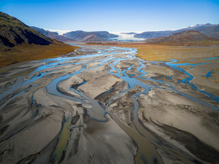 Aerial view of a glacial river delta in south Iceland.
