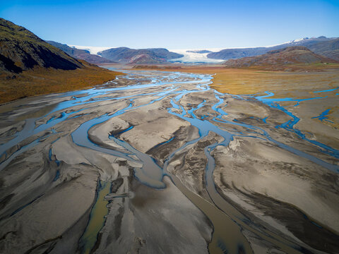 Aerial view of a glacial river delta in south Iceland.