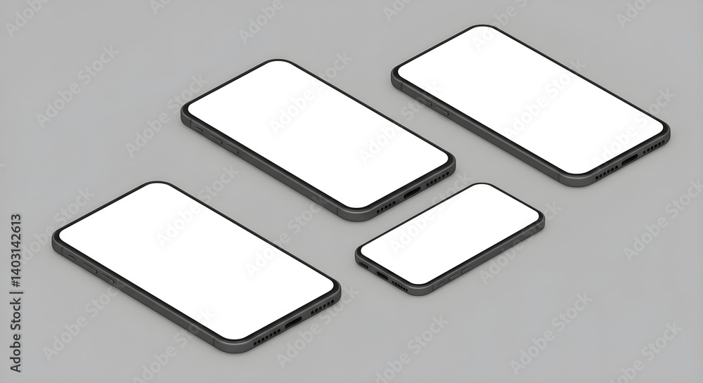 Poster four smartphones with blank screens are arranged on a gray surface. the devices vary slightly in siz