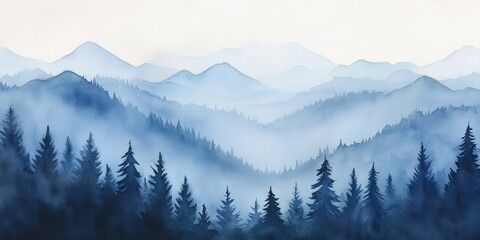 A serene watercolor depiction of layered mountains and dark pine trees, blending shades of blue and soft light for a tranquil atmosphere.