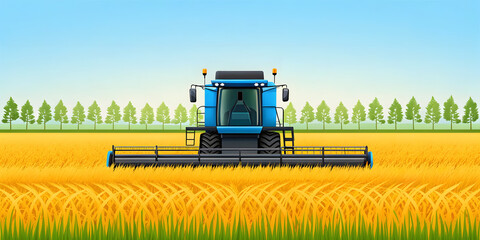 Obraz premium combine harvester working on a field. Blue combine harvester in golden rice field. Modern agricultural machinery at work. Farming efficiency in harvest season. 