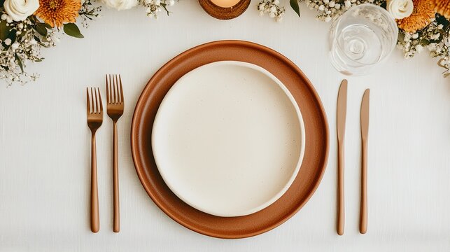 Cozy dinner setup with handmade plates traditional food elegant table intimate setting high angle view