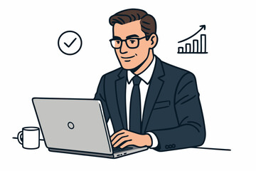 Professional Businessman in Suit Using Laptop with Growth Chart and Checkmark Icons Representing Productivity, Success, and Efficient Work in Modern Office Environment