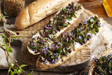 Fresh ground-ivy flowers and leaves collected in spring on slices of bread
