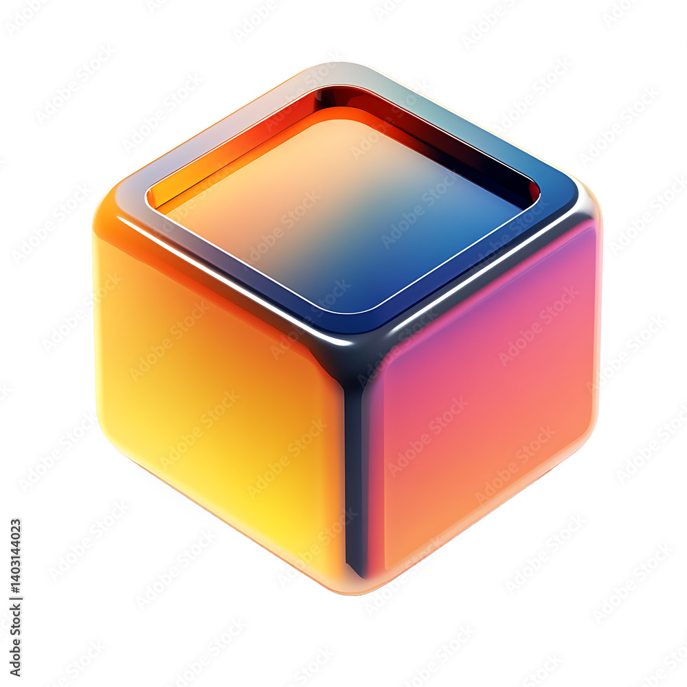 Poster colorful glassy cube abstract 3d rendering with vibrant gradient and smooth edges for modern designs