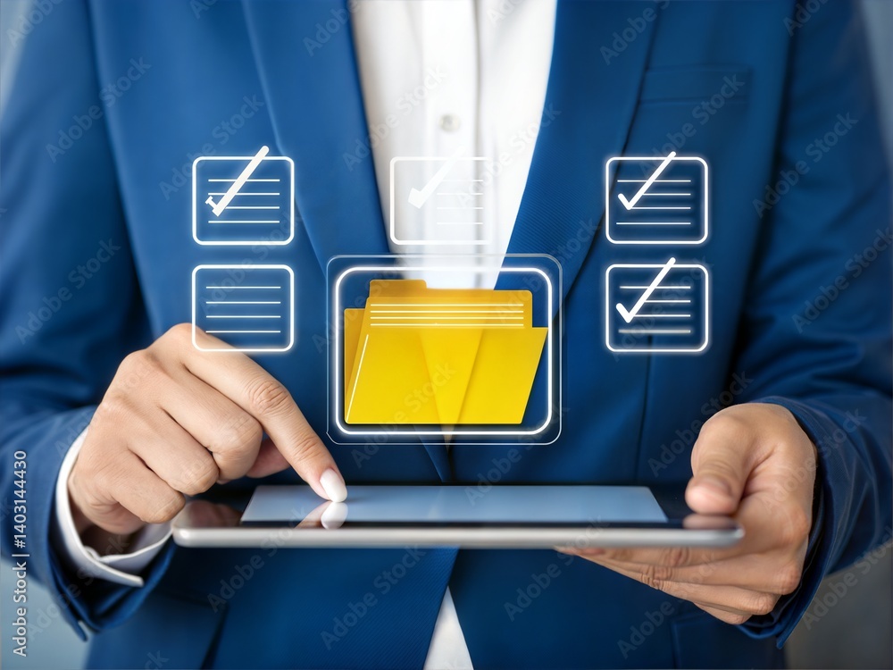 Poster digital file management with tablet and stylus. professional organizing documents on tablet. modern 