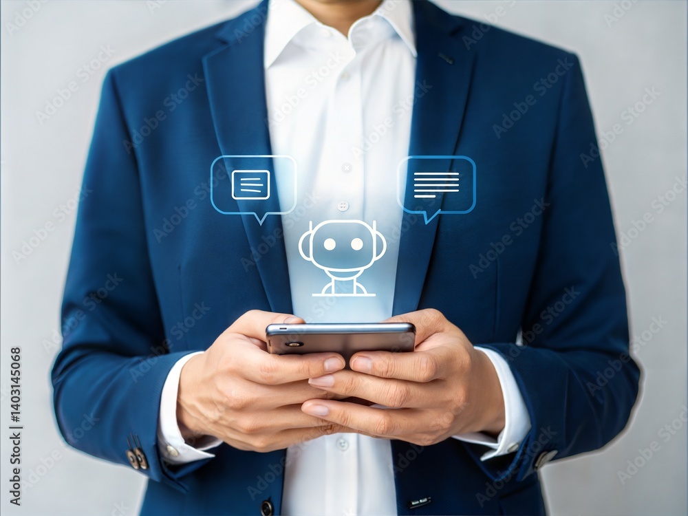 Aufkleber business professional interacting with ai chatbot on smartphone. modern tech communication with lapt