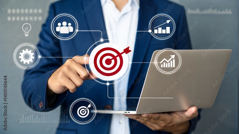 Poster business strategy with digital target overlay. professional analyzing data on laptop. modern busines