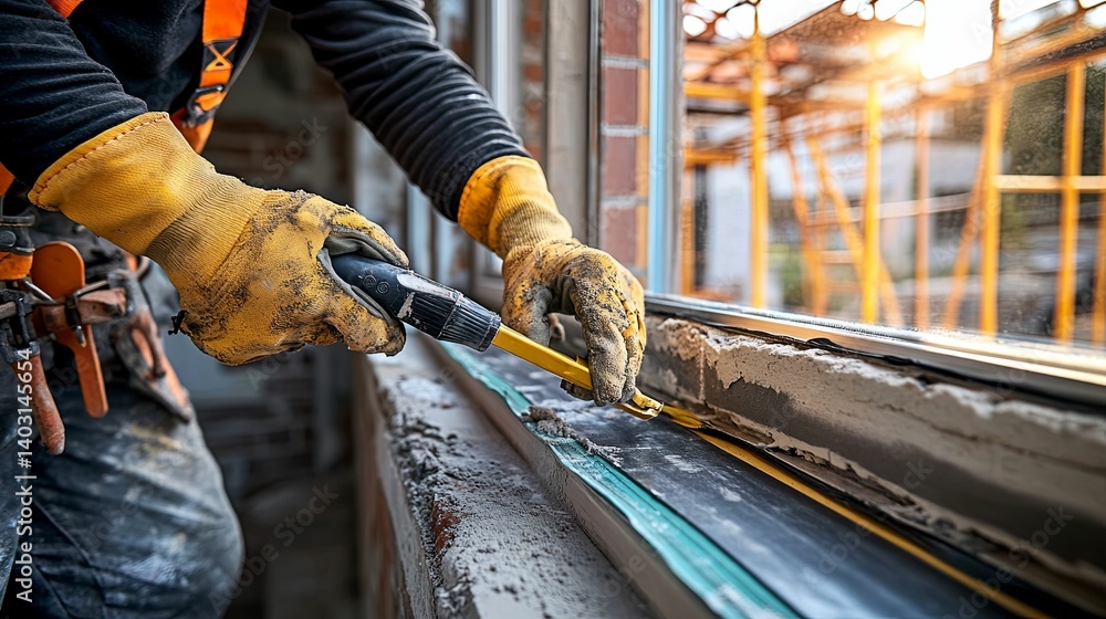 Aufkleber a construction worker installs a window frame with sealant.