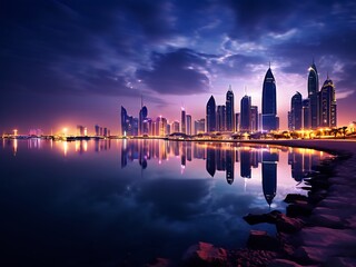 Obraz premium Dubai Skyline at Dusk with Reflections in the Water