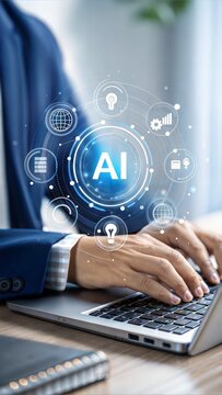 Futuristic AI business technology with holographic interface. Professional working on laptop with AI analytics. Modern digital innovation in corporate setting.