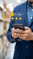 Customer review ratings on smartphone. Business professional analyzing digital feedback. Modern...